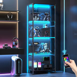 Saudism Glass Display Shelf for Collectibles, LED Black Shelf, Curio Cabinet, Lighted Tall Narrow Shelf with Pegboard Steel Frame for Gaming Room, Floor Lamp with Shelf, Living Room, Bedroom, Large Saudism