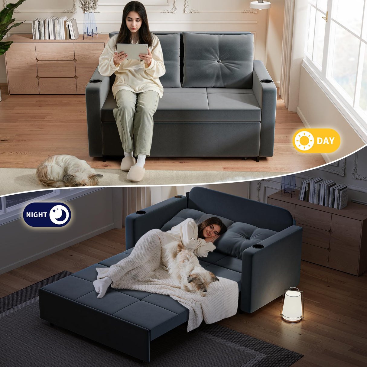 Krcix 3 in 1 Pull Out Couch, 56 Inch Velvet Sofa Bed, Convertible Loveseat Sleeper Sofa for Living Room, Small Space, Upholstered Couch Bed with USB, Cup Holder(Grey) Krcix