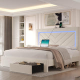 Fastroby Queen Size Bed Frame with Adjustable Headboard and 2 Storage Drawers, Upholstered Bed Frame Queen with RGB LED Light and Charging Station, Easy Assembly, No Box Spring Needed, Off White Fastroby