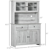 HOMCOM 63.5" Kitchen Buffet with Hutch, Pantry Storage Cabinet with 4 Shelves, Drawers, Framed Glass Doors, Open Microwave Countertop, Ash Grey HOMCOM