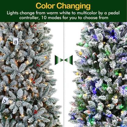 Hykolity 6.5 ft Prelit Snow Flocked Pencil Slim Christmas Tree, 544 PVC Branch Tips, 200 Color Changing LED Lights, Metal Stand and Hinged Branches, 10 Color Modes