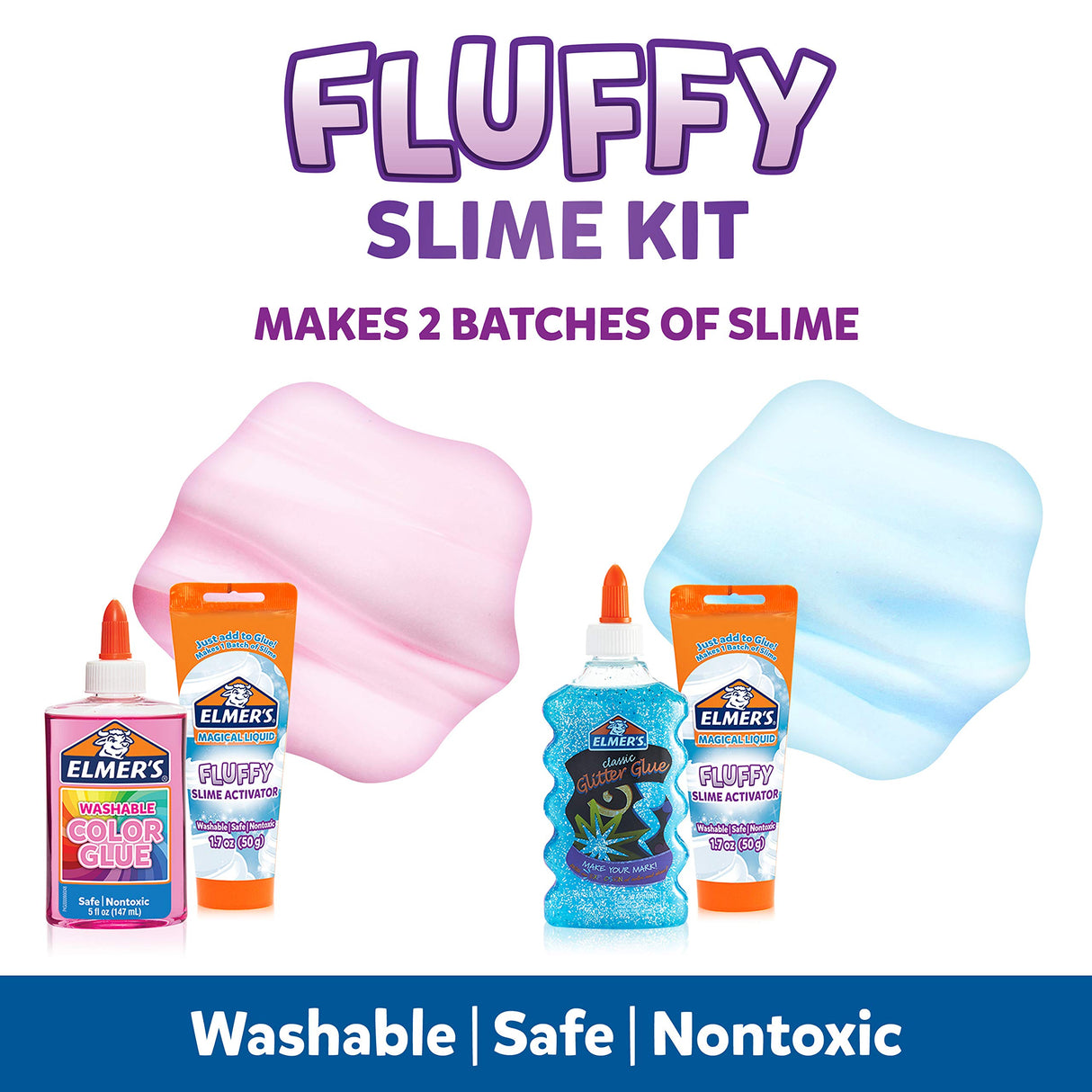 Elmer’s Fluffy Slime Kit, Includes Translucent Color Glue, Glitter Glue, Fluffy Slime Activator, 4 Count - Perfect for Parties, Gift, Activity Time Elmer's