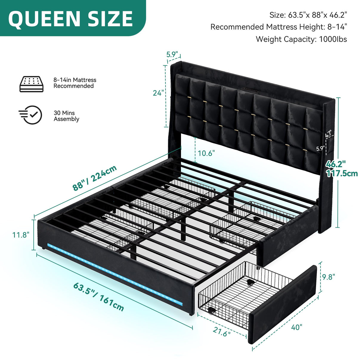 YITAHOME Queen Size Bed Frame with 4 Drawers and RGB LED Lights, Velvet Upholstered Platform Bed with Charging Station and Storage Headboard, No Box Spring Needed, Easy Assembly, Noise-Free, Black YITAHOME