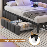 Hasuit Corner Bed Frame with Storage Drawers, Twin Daybed with Line Fabric Upholstered Fence, Kids Bed Unit with LED Light and Charging Station, Modern Bed Frame Twin Size, Gray Hasuit