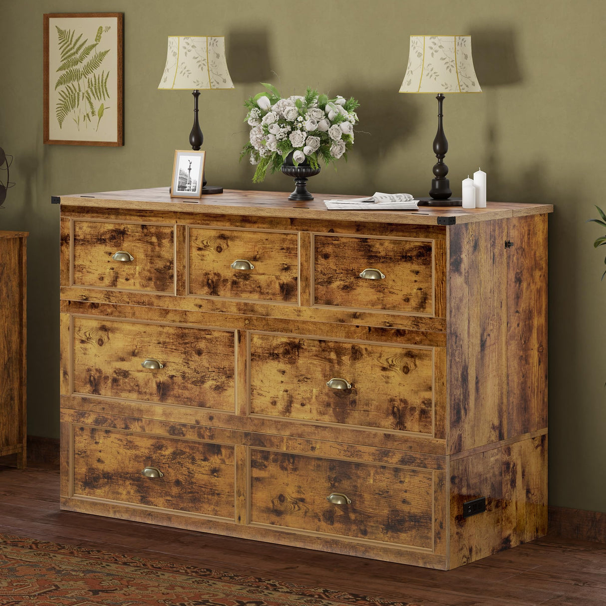 AMERLIFE Queen Size Murphy Bed, Farmhouse Wooden Cabinet with Charging Station and Storage Drawer for Bedroom/Office/Guest Room, Rustic Brown AMERLIFE