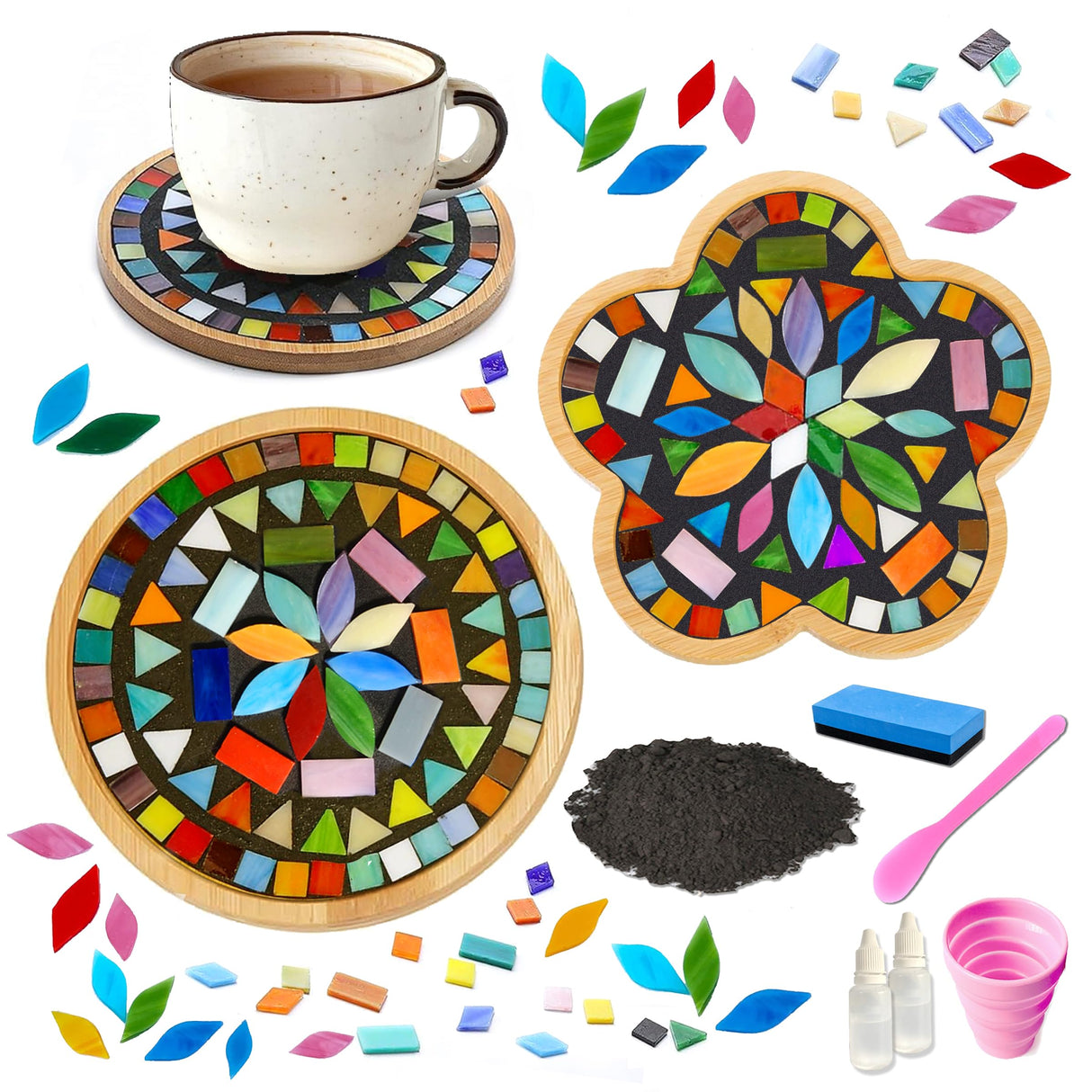 Nuyoach Diy Mosaic Craft Kit For Adults,Stained Glass Kits Mosaics Tiles For Crafts With Large Wooden Coaster Making Materials Package,Mosaic Ceramic Bulk Supplies For Women Kids Beginners Decor Gifts Nuyoach