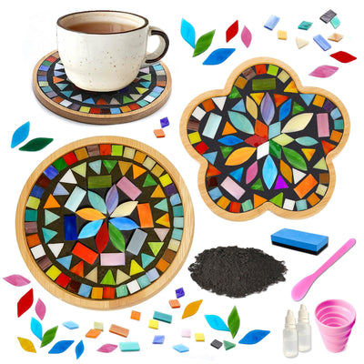 Nuyoach Diy Mosaic Craft Kit For Adults,Stained Glass Kits Mosaics Tiles For Crafts With Large Wooden Coaster Making Materials Package,Mosaic Ceramic Bulk Supplies For Women Kids Beginners Decor Gifts