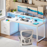 HOMBCK 67” White Desk with 3 Drawers and Storage, Reversible White Office Desk Computer Desk with Monitor Stand, Home Office Desk with LED Strips and Printer Standfor Bedroom HOMBCK