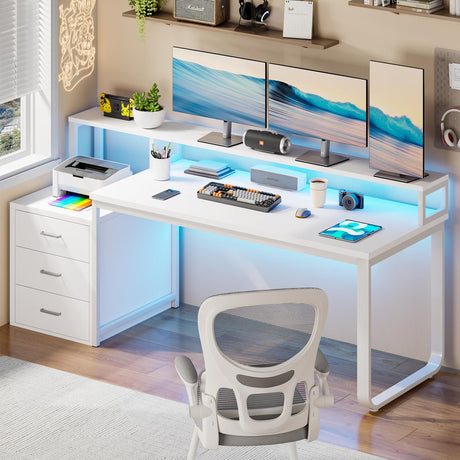 HOMBCK 67” White Desk with 3 Drawers and Storage, Reversible White Office Desk Computer Desk with Monitor Stand, Home Office Desk with LED Strips and Printer Standfor Bedroom HOMBCK
