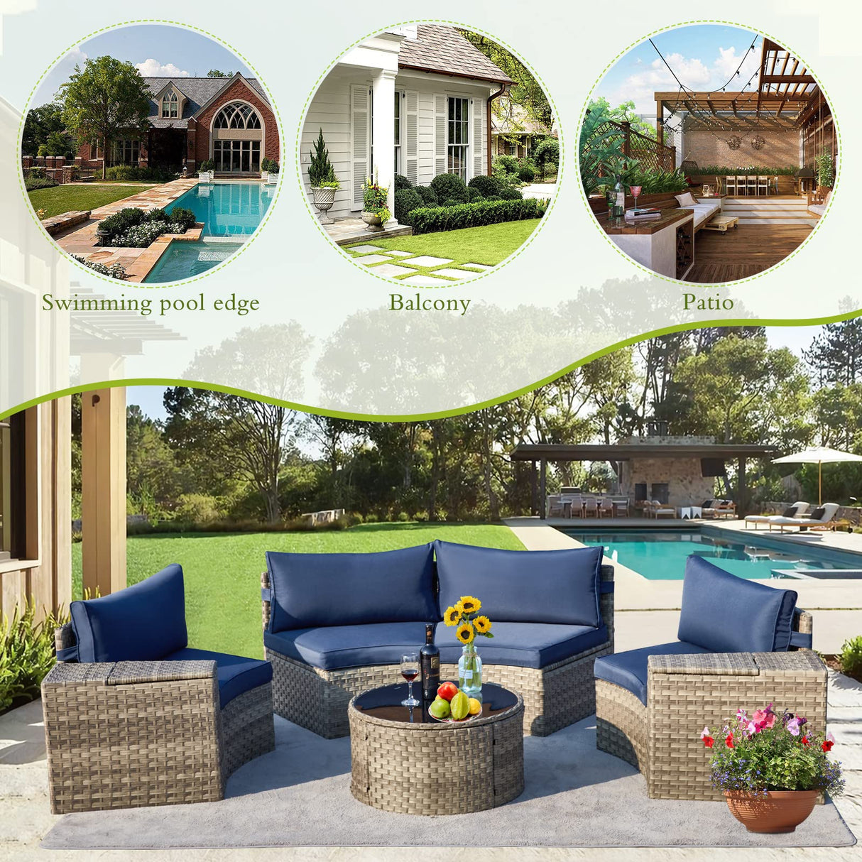 ECOTOUGE 7 Piece Outdoor Half Moon Furniture, Wicker Patio Sectional Conversation Set with 2 Storage Armrests and Glass Table, Brown Rattan Curved Sofa for Garden, Balcony and Backyard (Blue) ECOTOUGE