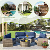 ECOTOUGE 7 Piece Outdoor Half Moon Furniture, Wicker Patio Sectional Conversation Set with 2 Storage Armrests and Glass Table, Brown Rattan Curved Sofa for Garden, Balcony and Backyard (Blue) ECOTOUGE