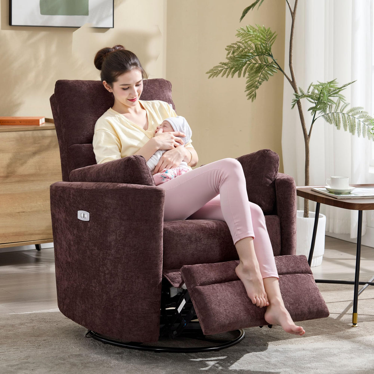 Power Swivel Glider Rocking Recliner,Electric Recliner Upholstered Nursery Chair Adult Rocking Chair with 2 Pillows for Living Room Bedroom(Coffee, Power-Driven) choairy