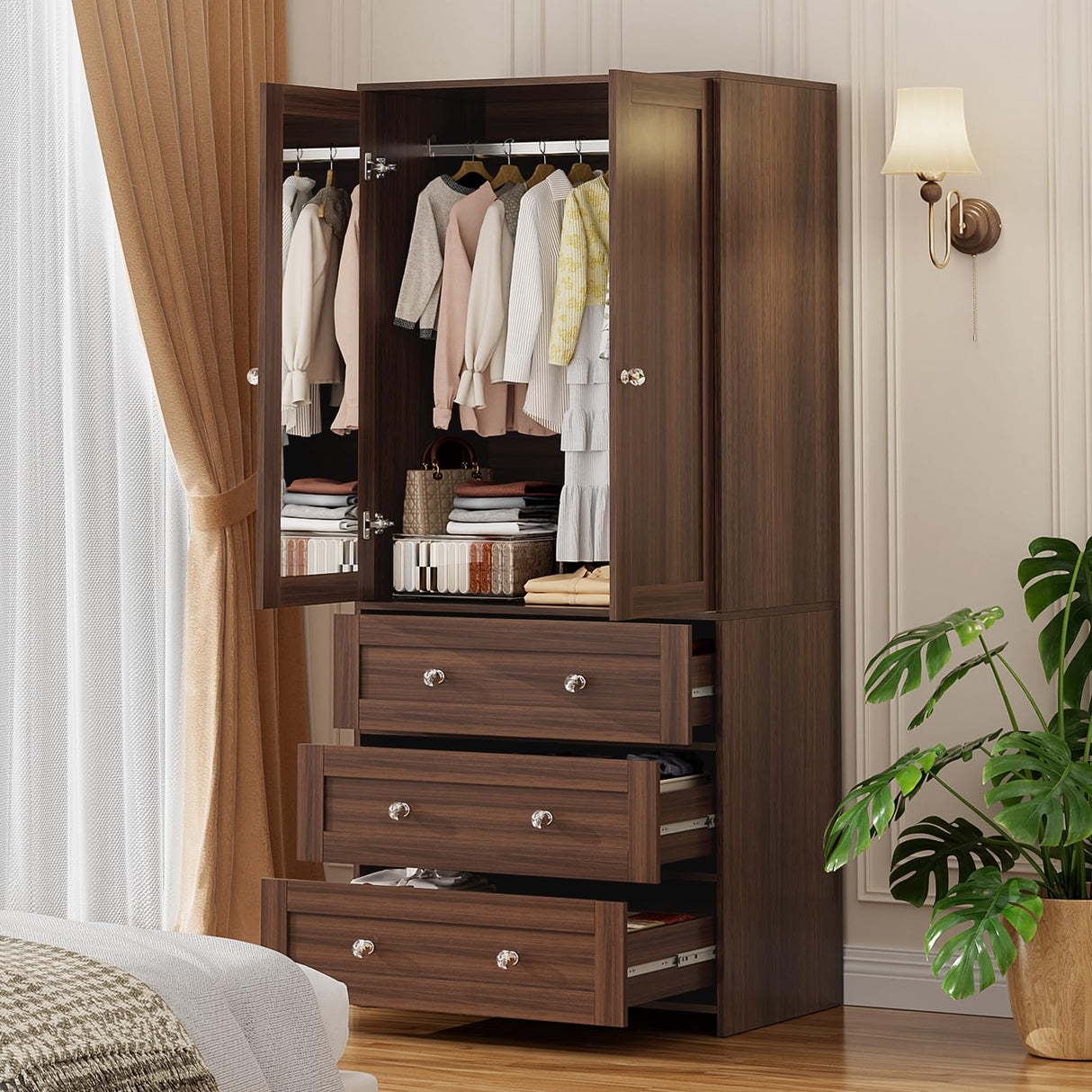 VOWNER Armoire Wardrobe Closet with Drawers and Mirror, 71" Clothing Storage Cabinet with Hanging Rod, 2 Doors Wooden Wardrobe Cabinet for Bedroom (Walnut, 18.9" D x 31.5" W x 71" H) VOWNER