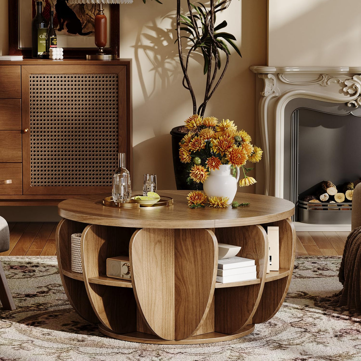 32.7" Lift Top Coffee Table with Storage, Wood Round Center Table with Hidden Storage Compartment & Shelves, Mid Century Modern Coffee Tables for Living Room Rustic Accent Small Center Table TOKSOM