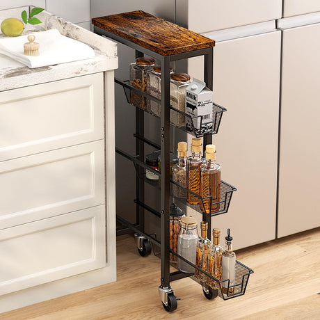 Honest Slim Storage Cart 4-Tier Slim Rolling Cart with Metal Frame and Wooden Top, 6.3 Inches, Storage Cart for Kitchen, Dining Room, Living Room, Bathroom, Home Office, Rustic Brown and Black HONEST OUTFITTERS