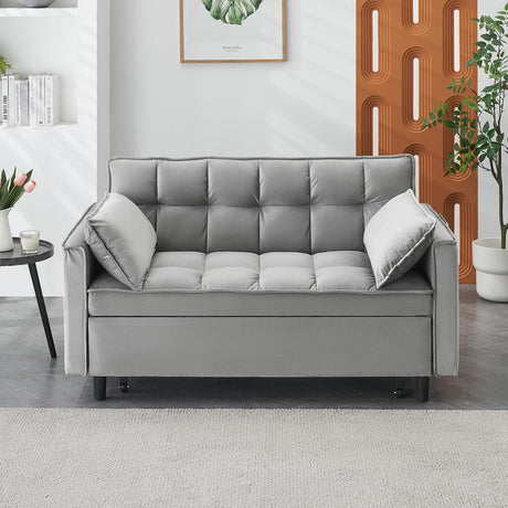 3 in 1 Convertible Sleeper Sofa Bed, Modern Velvet Loveseat Pull-out Sofa Couch w/Pullout Bed, Small Love Seat Lounge Sofa w/Reclining Backrest,Toss Pillows, Pockets, for Living Room (Grey, 55.1) CAPCAEK