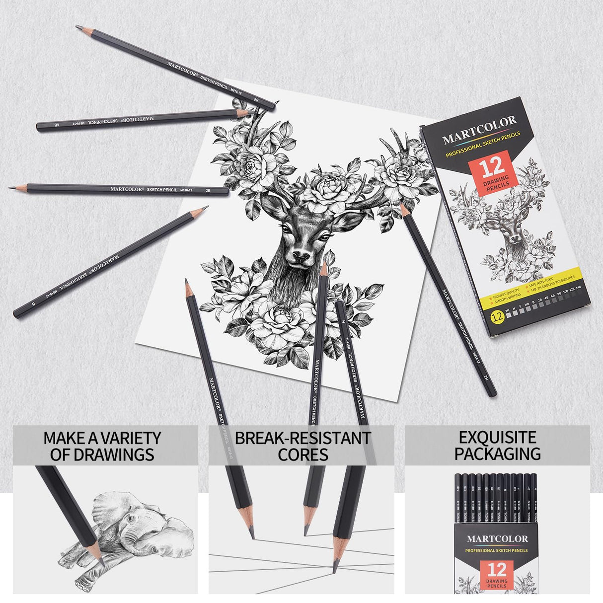 YUANCHENG Professional Drawing Sketching Pencil Set - 12 Pieces,Graphite,(14B - 2H), Graphite Pencils for Drawing, Shading Pencils for Sketching,Artist Pencils for Beginners,Drawing Art YUANCHENG