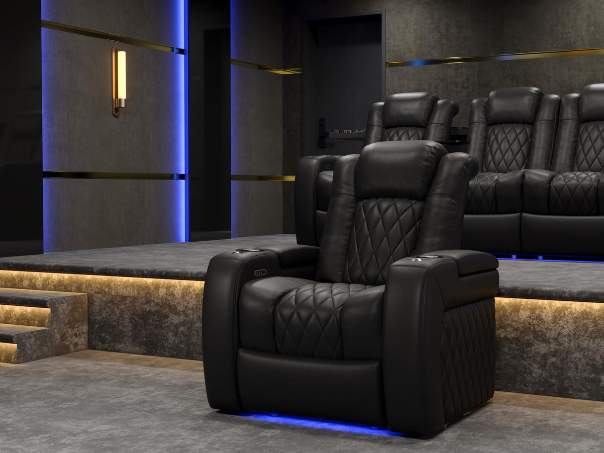 Valencia Tuscany Home Theater Seat - Nappa Leather Power Recliner with Cool Gel Memory Foam, USB-C/A Charging, RGB LED Lights, Adjustable Lumbar & Headrest (Single Recliner,Black) VALENCIA THEATER SEATING