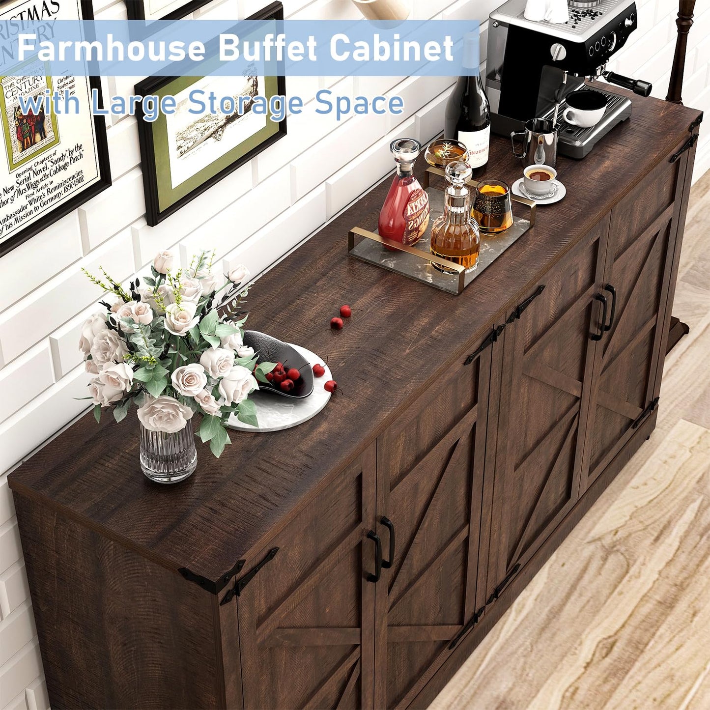 Sideboard Buffet Cabinet with Storage - 65 Inch Farmhouse Kitchen Pantries Sideboard Cabinet with Adjustable Shelves, Wooden Coffee Bar Cabinet Buffet Table for Kitchen, Dining Room, Brown