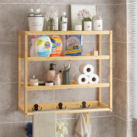 AMBIRD 3-Tier Bamboo Bathroom Shelf with Adjustable Height and Hooks AMBIRD