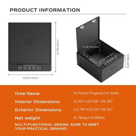 RPNB Gun Safe, Biometric Gun Safe for Handgun,4 Pistols High-Capacity Handgun Safe with Digital Key Pad, Biometric Fingerprint RPNB