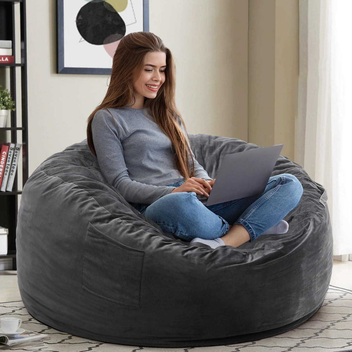 Kromax Large 3.5’ Bean Bag Chair for Kids, Teens, Adults, Memory Foam, Easy to Clean Washable Soft Suede Cover, Reinforced Zipper, Perfect for Living Room, Den, Bedroom, or Dorm, Dark Grey Kromax