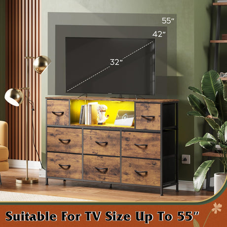 WLIVE Dresser for Bedroom, TV Stand for Bedroom for 55 inch TV with Charging Station and LED Lights, Fabric Chest of Drawers with Open Shelves, 8 Drawers Dressers for Living Room, Closet WLIVE