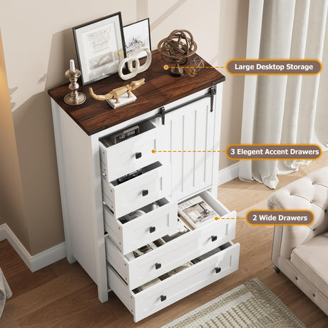 GarveeHome Farmhouse 5 Drawer Dresser for Bedroom, 48 in Tall Wood Dresser Chest of Drawer with Sliding Barn Door, Adjustable Shelf, Storage Organizer for Bedroom, Hallway, Living Room, Kitchen, White GarveeHome