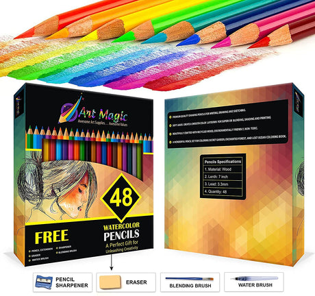 Art Magic Watercolor Pencils, Set of 48 Professional Colored Pencils for Adult and Teens, Premium Art Supplies for Coloring, Blending and Layering Art Magic