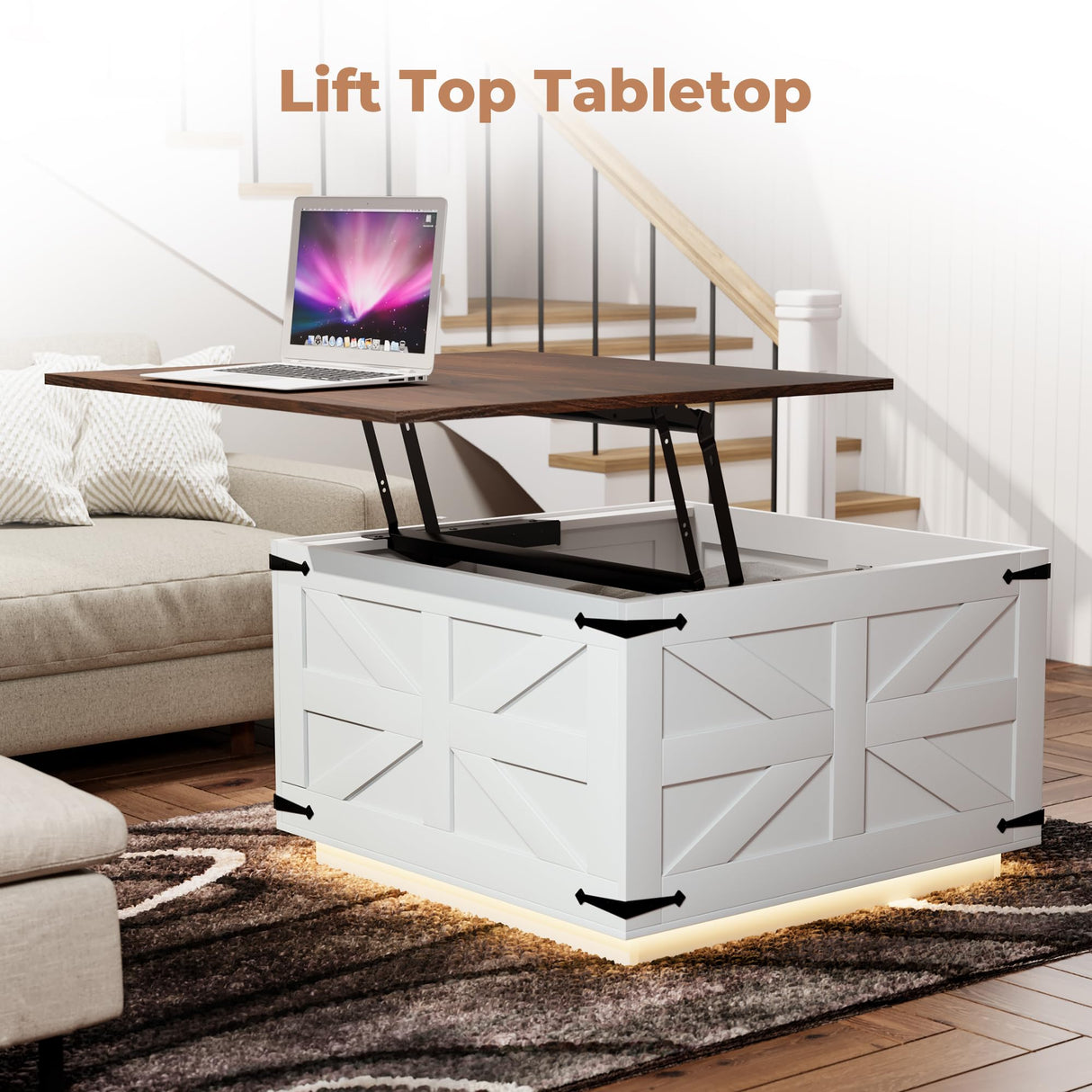 Lift Top Coffee Table with Storage Farmhouse Square Rustic Center Table for Living Room, LED Lights, Charging Station, Hinged Soft Close, Large Hidden Storage, Modern, Metal Corner, White Wood VVFLU