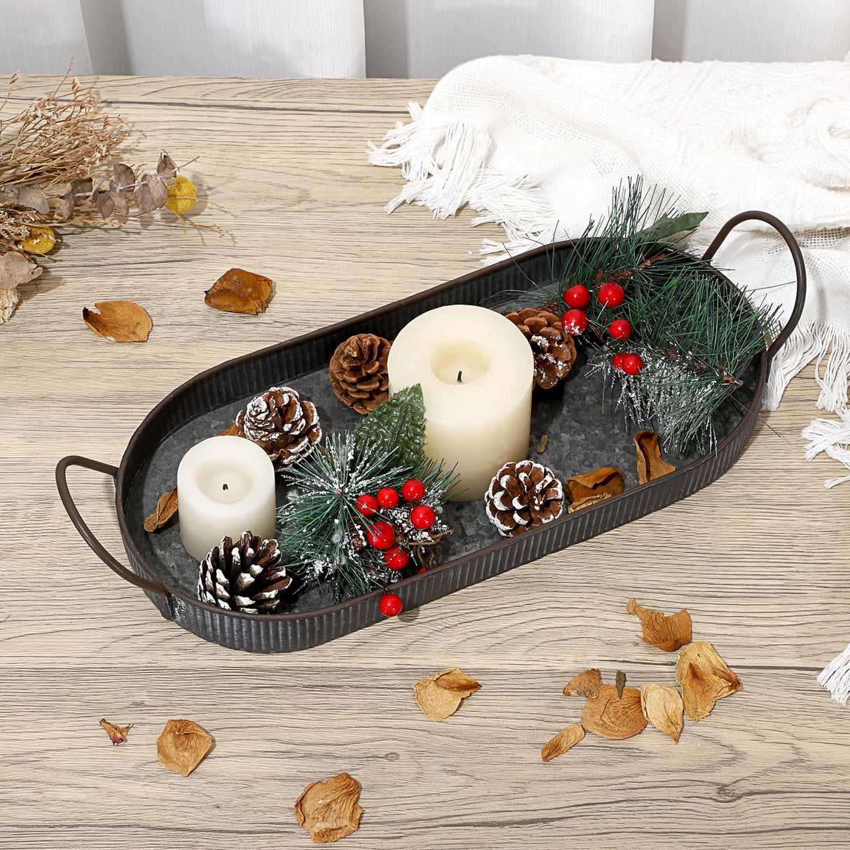 Hipiwe Oval Galvanized Metal Iron Tray with Handle, Industrial Style Storage Serving Tray Farmhouse Rustic Decorative Coffee Table Centerpiece for Home Decor Hipiwe