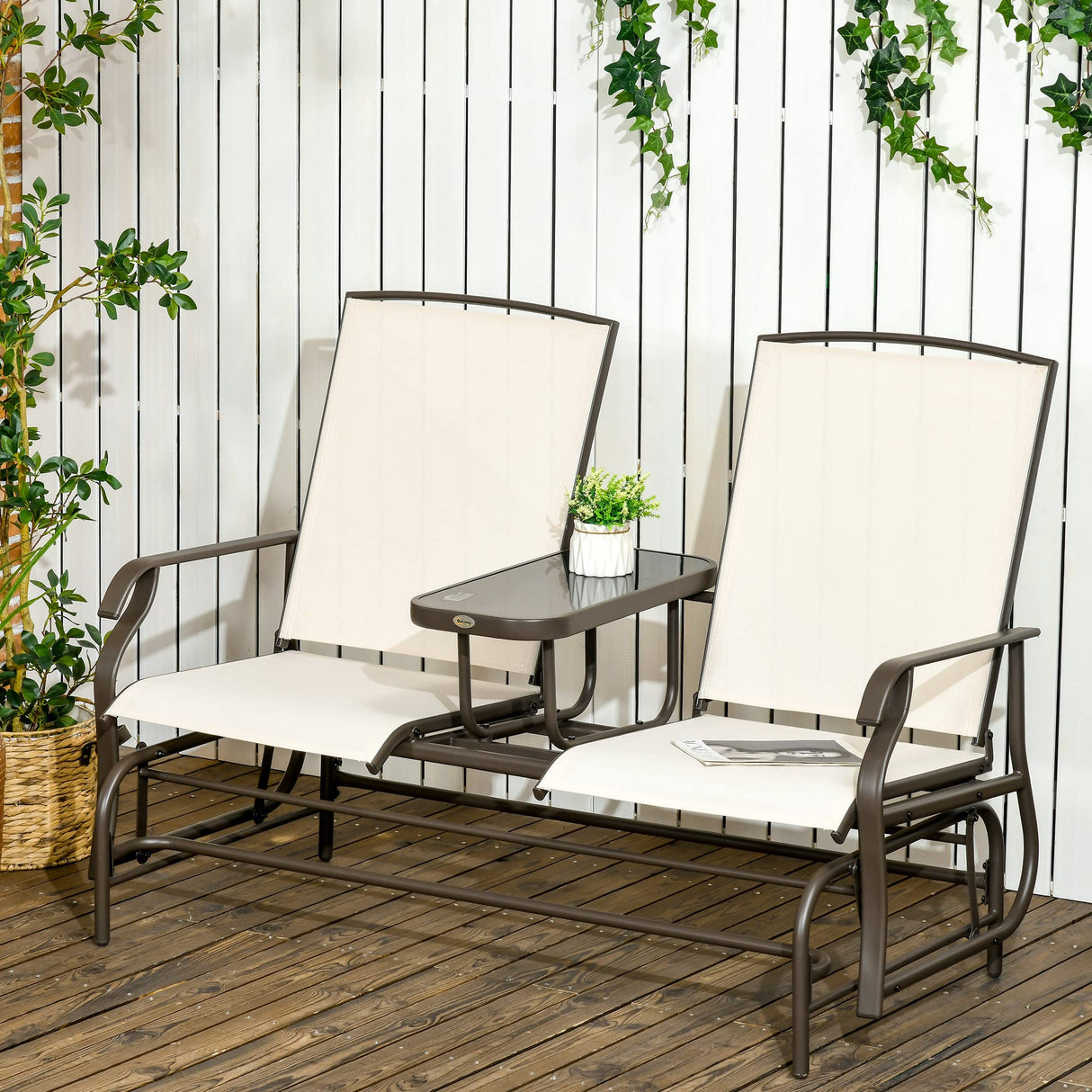 Outsunny Outdoor Glider Bench with Center Table, Metal Frame Patio Loveseat with Breathable Mesh Fabric and Armrests for Backyard Garden Porch, Beige Outsunny
