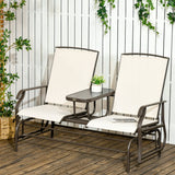 Outsunny Outdoor Glider Bench with Center Table, Metal Frame Patio Loveseat with Breathable Mesh Fabric and Armrests for Backyard Garden Porch, Beige Outsunny