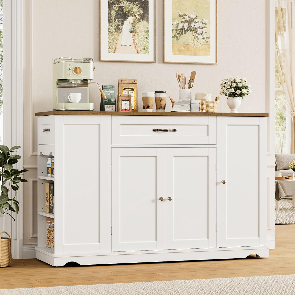 HOSTACK Kitchen Island Cart with Storage, 47'' Kitchen Storage Island on Wheels with 2 Drawers, Rolling Island Table with Adjustable Shelves, Mobile Buffet Sideboard Cabinet for Dining Room, White HOSTACK