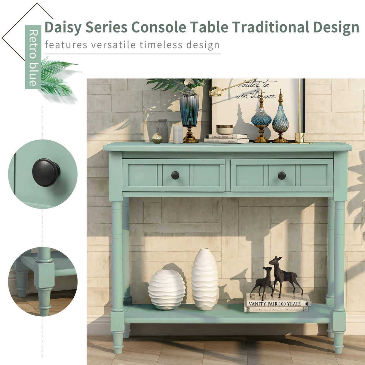 Merax Wood Farmhouse Entry Way Hallway Console Table with Drawers and Bottom Shelf Narrow Blue Merax