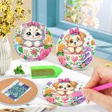 Bowetile 6PCS Flowers Diamond Art Painting Coasters Kit with Holder, Cat Diamond Art Kits for Adults Beginners, Dog Gem Art Kits for Adults, Arts and Crafts Kits for Adults for Home Decor Bowetile