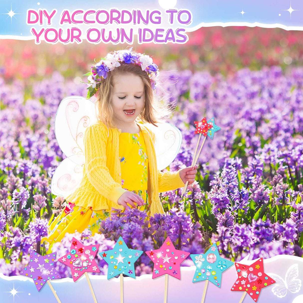 Juexica 30 Pcs Princess Fairy Wand Kit Includes 24 Make Your Own Princess Craft Unfinished Wooden Fairy Wand and 6 Gem Stickers for Girls DIY Magical Crafts(Pink,Purple,Red,Blue) Juexica