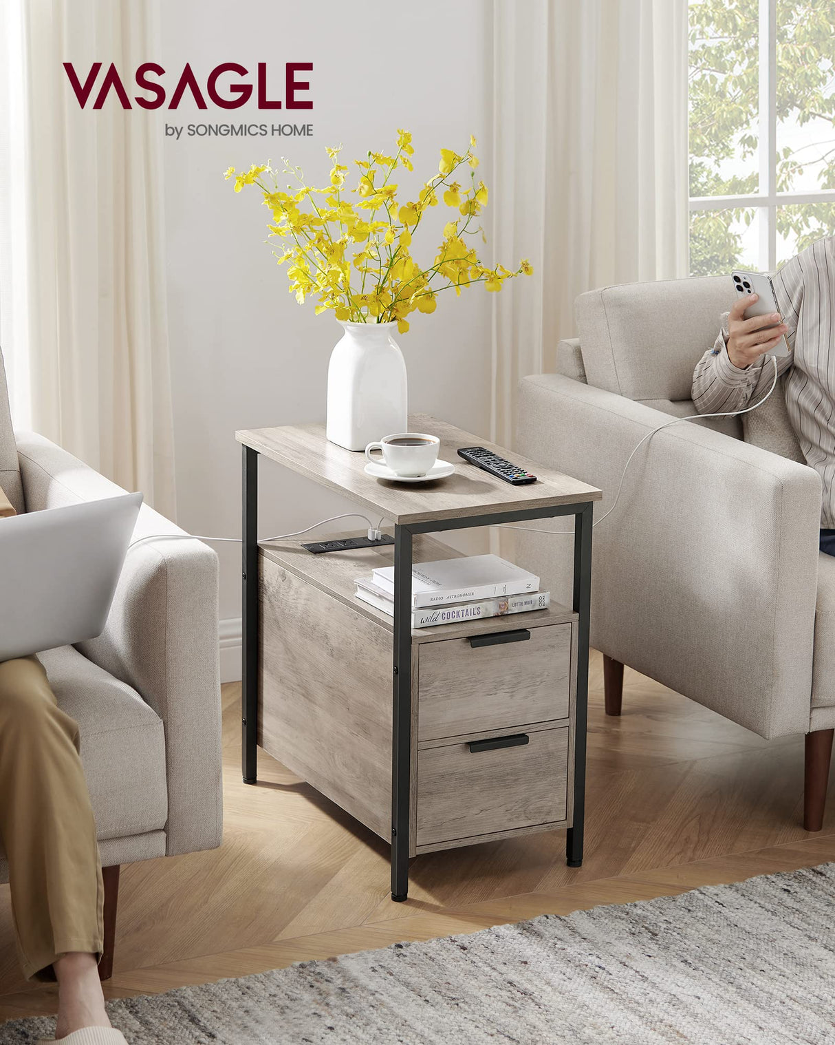 VASAGLE Side Table with Charging Station, Narrow End Table with 2 Drawers, Slim Nightstand and Bedside Table with Storage, for Small Spaces, Greige + Black VASAGLE