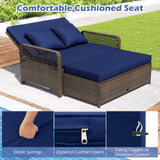 Tangkula Patio Adjustable Wicker Daybed, Rattan Loveseat & Storage Ottoman w/ 4-Level Backrest & Soft Cushions, Space-Saving 2-Person Sun Lounger for Backyard, Porch (Navy) Tangkula