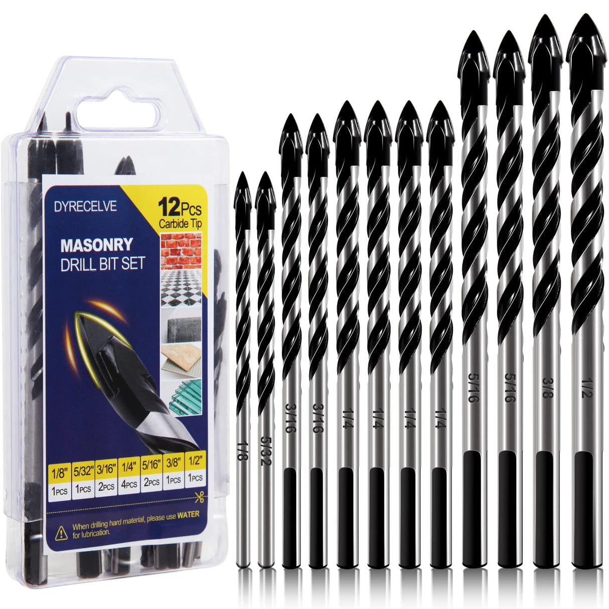 12-PCS Masonry Drill Bit Set & Concrete Drill Bit Set, 1/8 to 1/2 inch Professional Carbide Drill Bits Tip for Glass, Tile, Brick, Cement Concrete Plastic Wood etc. Masonry Drill Bits Set by DYRECELVE DYRECELVE