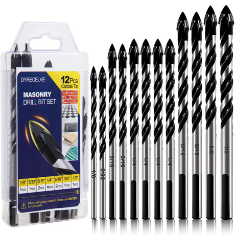 12-PCS Masonry Drill Bit Set & Concrete Drill Bit Set, 1/8 to 1/2 inch Professional Carbide Drill Bits Tip for Glass, Tile, Brick, Cement Concrete Plastic Wood etc. Masonry Drill Bits Set by DYRECELVE DYRECELVE
