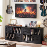 Joaxswe Large Record Player Stand with Vinyl Storage Up to 450 Albums, 39 Inch Farmhouse Wood Black Vinyl Records Storage Cabinet with Barn Doors, Mid-Century Modern Turntable Stand for Living Room Joaxswe