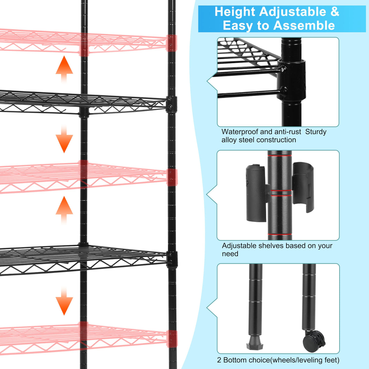 Whitmor 5 Tier Shelving Unit, Adjustable Storage Shelves with Wheels, Wire Shelving, 400 lbs Capacity per Shelf, Max 2000 lbs Total for Laundry, Garage, Plant, 21" L x 12" W x 54" H, Black Whitmor