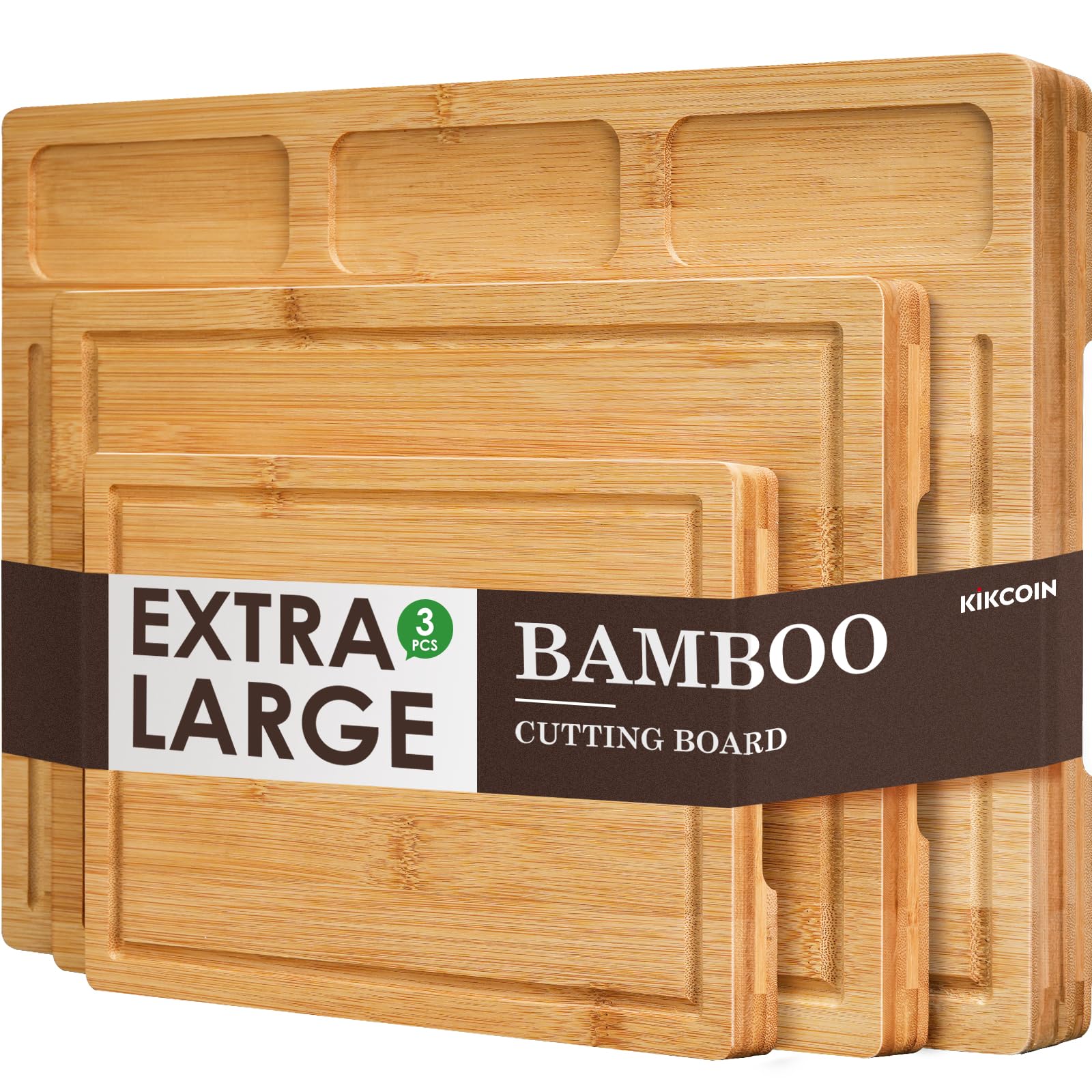 Bamboo Cutting Boards for Kitchen, (Set of 3) Kitchen Chopping Board with 3 Built-In Compartments and Juice Groove Heavy Duty Serving Tray Wood - WoodArtSupply