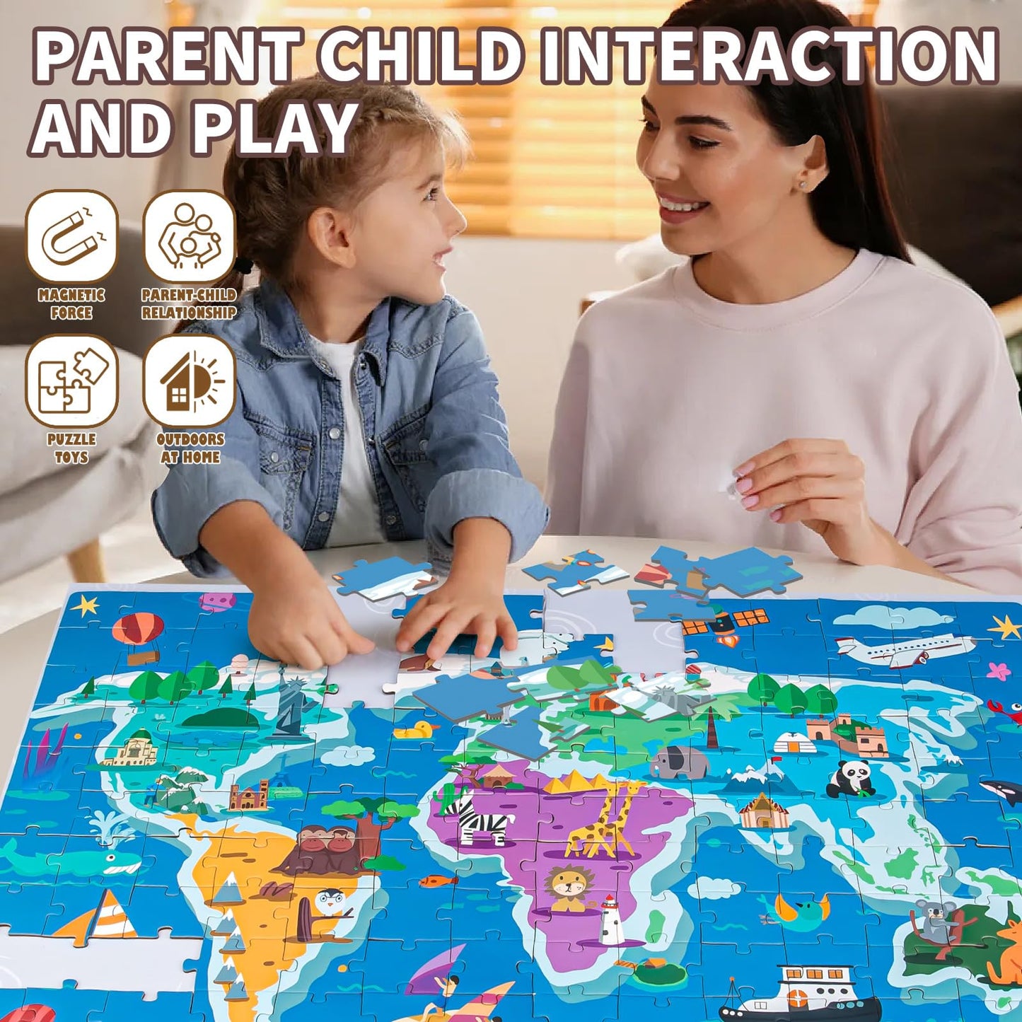 ZILEMOPO Magnetic World Map Puzzles for Kids Ages 3-4-5-8-12, 168 Pieces with Magnetic Board Wall Mounted Puzzle, Geography Games Educational Toys Best Gift for Boys and Girls 3+ Years Old