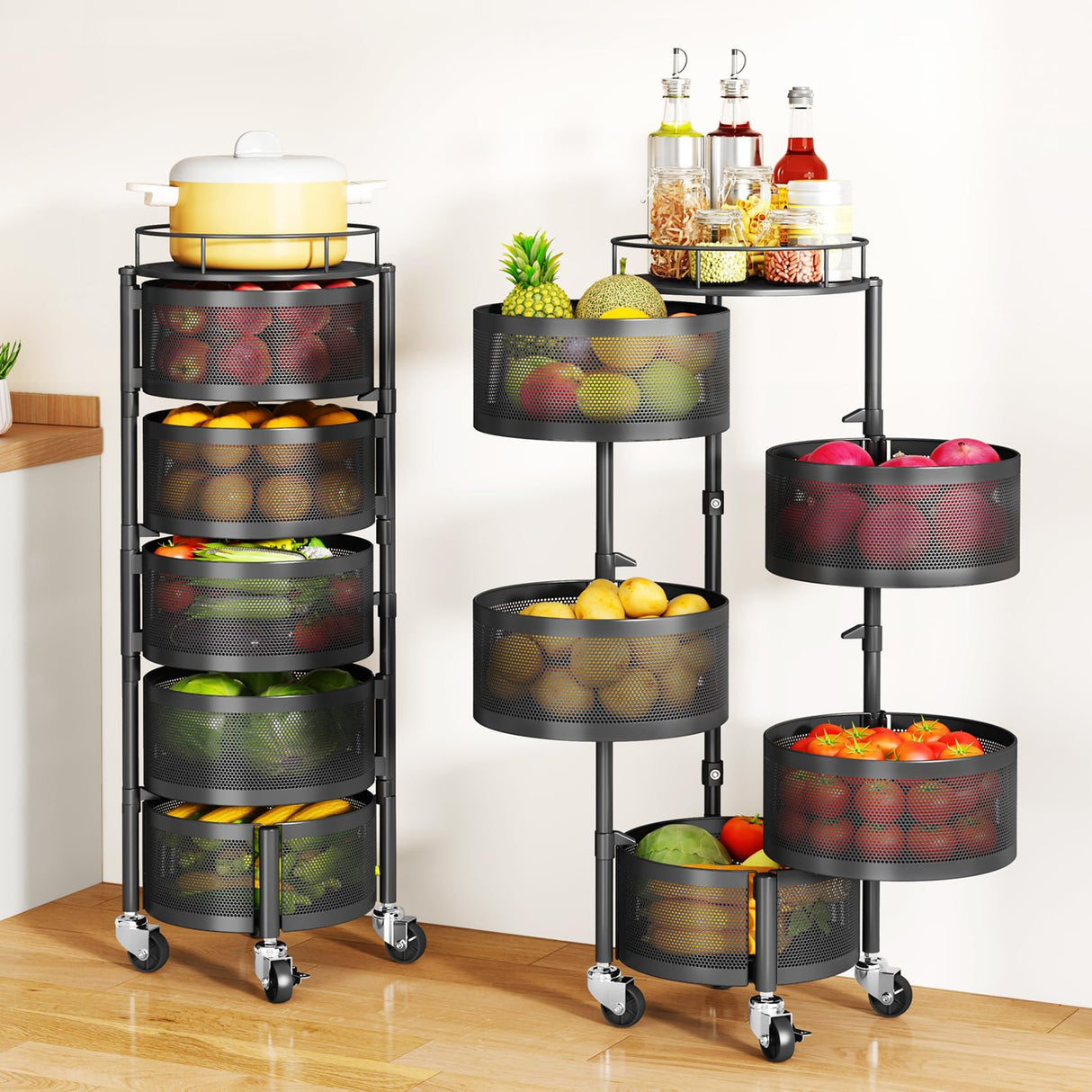 SAYZH Fruit Vegetable Basket for Kitchen, Rotating Storage Rack, 5 Tier Rolling Cart with top lid, Large Metal Wire Wheels, Black SAYZH