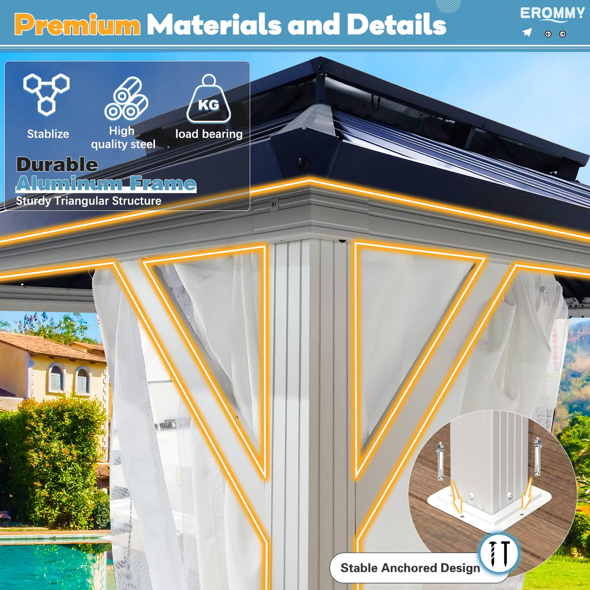 EROMMY 12'x16' Gazebo Hardtop, Galvanized Steel Double Roof Metal Gazebo with Aluminum Frame, Permanent Outdoor Pavilion with Curtain and Netting for Patio Lawn and Garden, Blue EROMMY