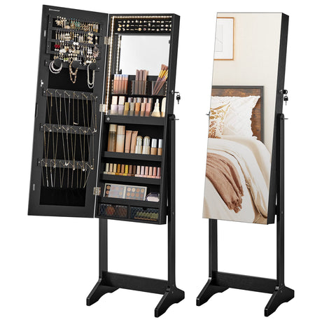 SONGMICS Mirror Jewelry Cabinet Standing Armoire Organizer, Jewelry Storage with Full-Length Frameless LED Lights, Built-in Makeup Mirror, 2 Drawers, Lockable, Black UJJC023B01 SONGMICS