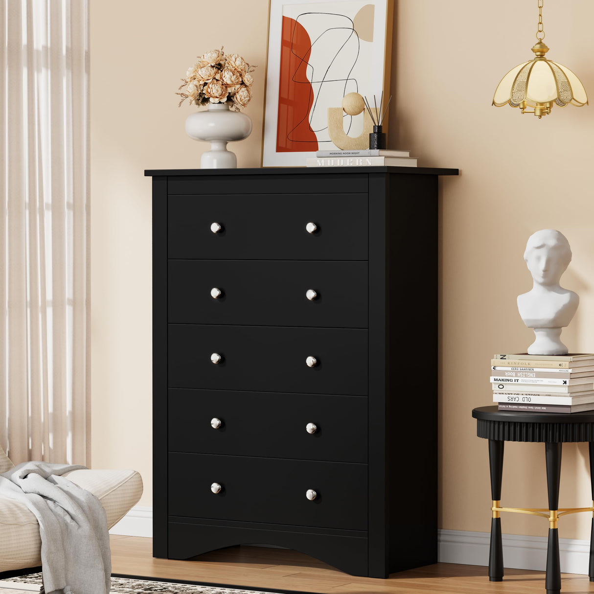 YESHOMY Tall Dresser for Bedroom with 5 Drawers, Modern Chest of Drawers, Wooden Dressers, TV Stand for Living Room,Closet, Hallway (Black)