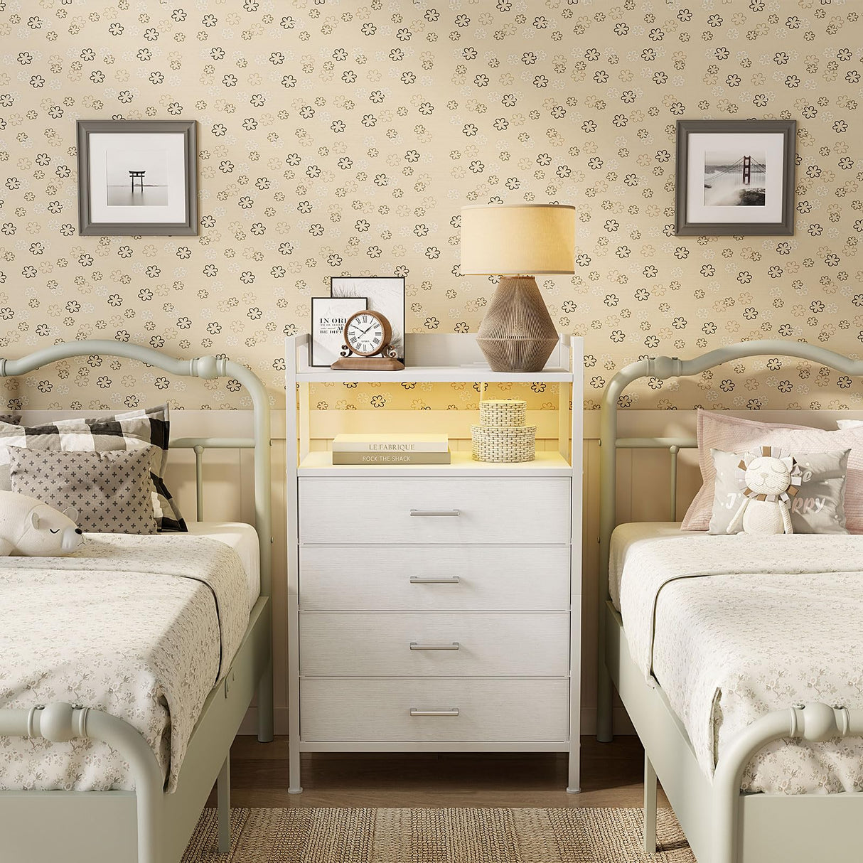 KAI-ROAD Tall Nightstand with Drawers White Night Stand with Charging Station and LED Light, 4 Drawer Dresser for Girls Bedroom Modern KAI-ROAD